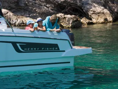 Duga, a Jeanneau Merry Fisher 795 motorboat at Punat, Croatia