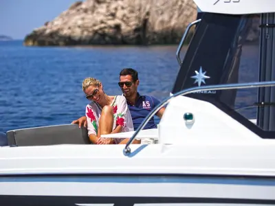 Deck of Duga, a Jeanneau Merry Fisher 795 motorboat at Punat, Croatia