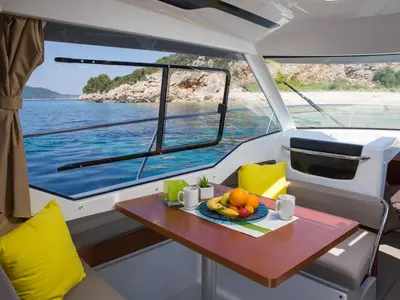 Salon of Duga, a Jeanneau Merry Fisher 795 motorboat at Punat, Croatia
