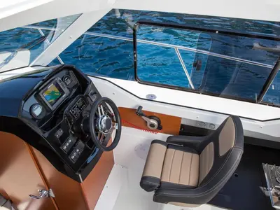Cockpit of Duga, a Jeanneau Merry Fisher 795 motorboat at Punat, Croatia