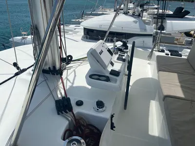 Cockpit of Croda Rossa, a Lagoon 50 catamaran at Olbia, Italy