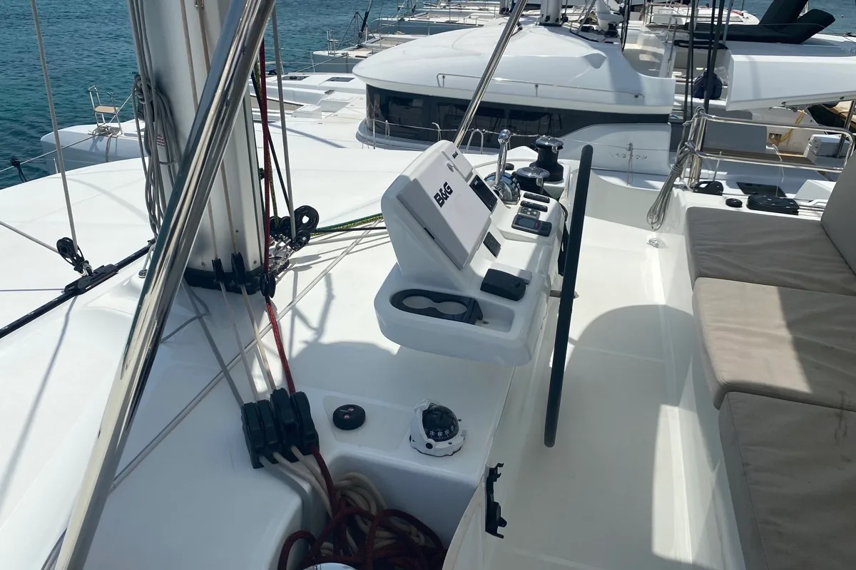 Cockpit of Croda Rossa, a Lagoon 50 catamaran at Olbia, Italy