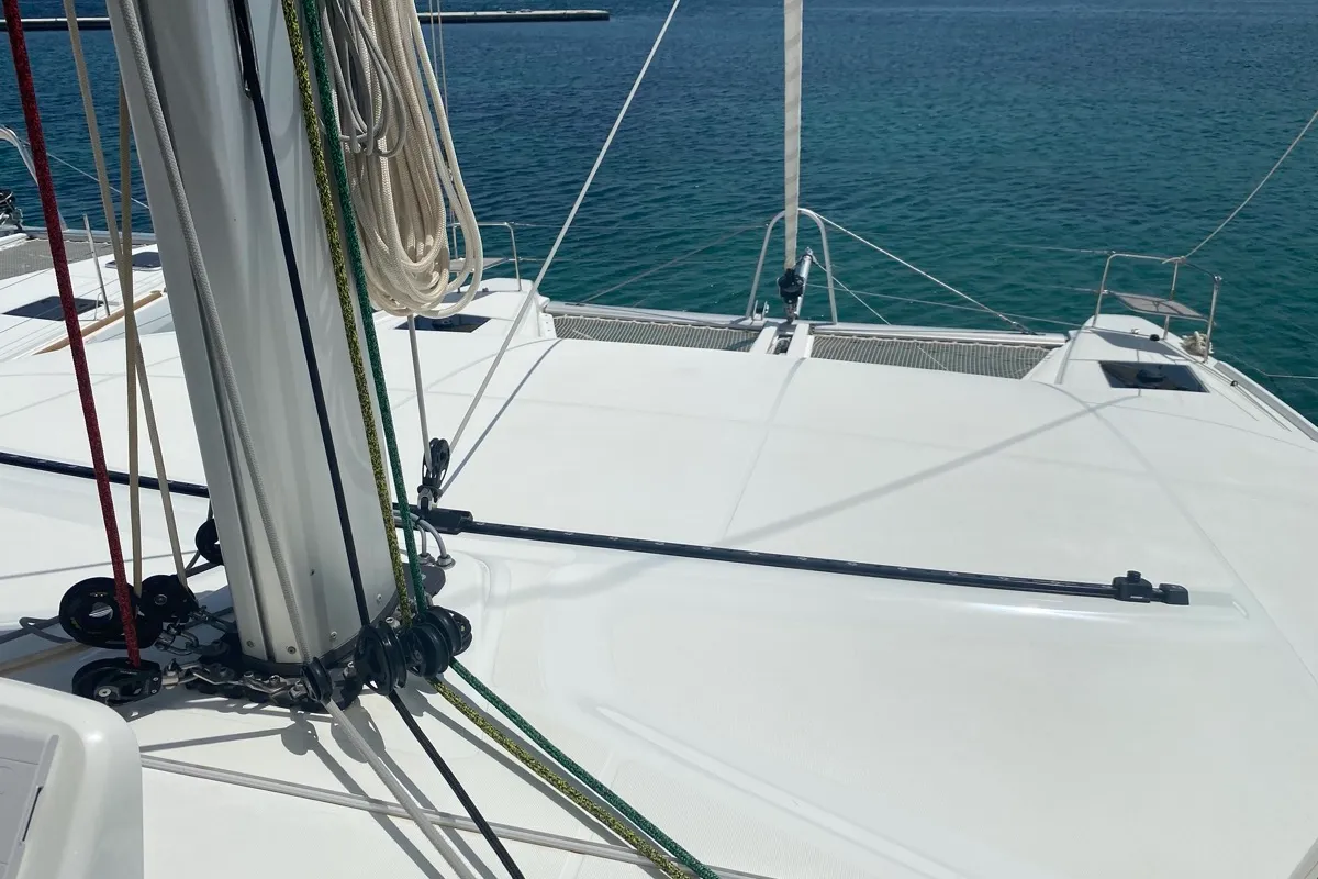 Deck of Croda Rossa, a Lagoon 50 catamaran at Olbia, Italy