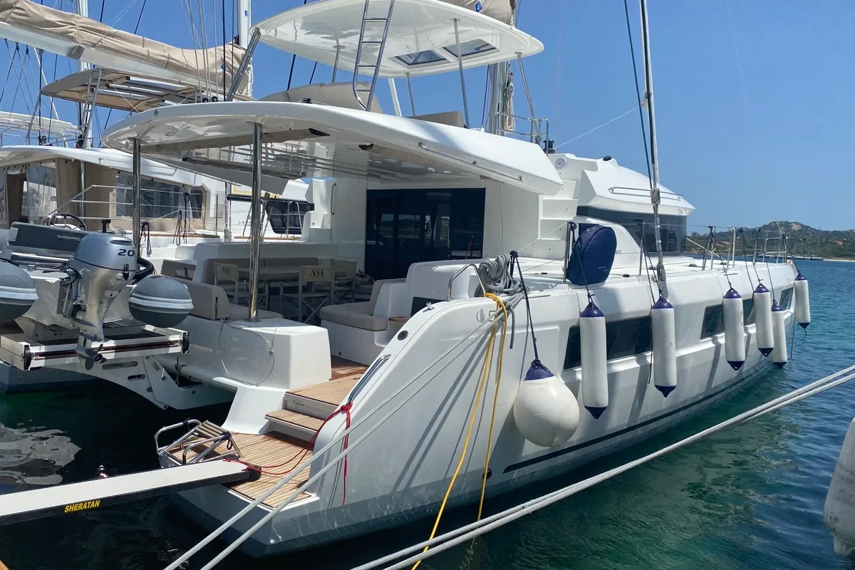 Exterior view of Croda Rossa, a Lagoon 50 catamaran at Olbia, Italy