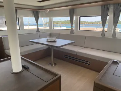 Salon of Croda Rossa, a Lagoon 50 catamaran at Olbia, Italy