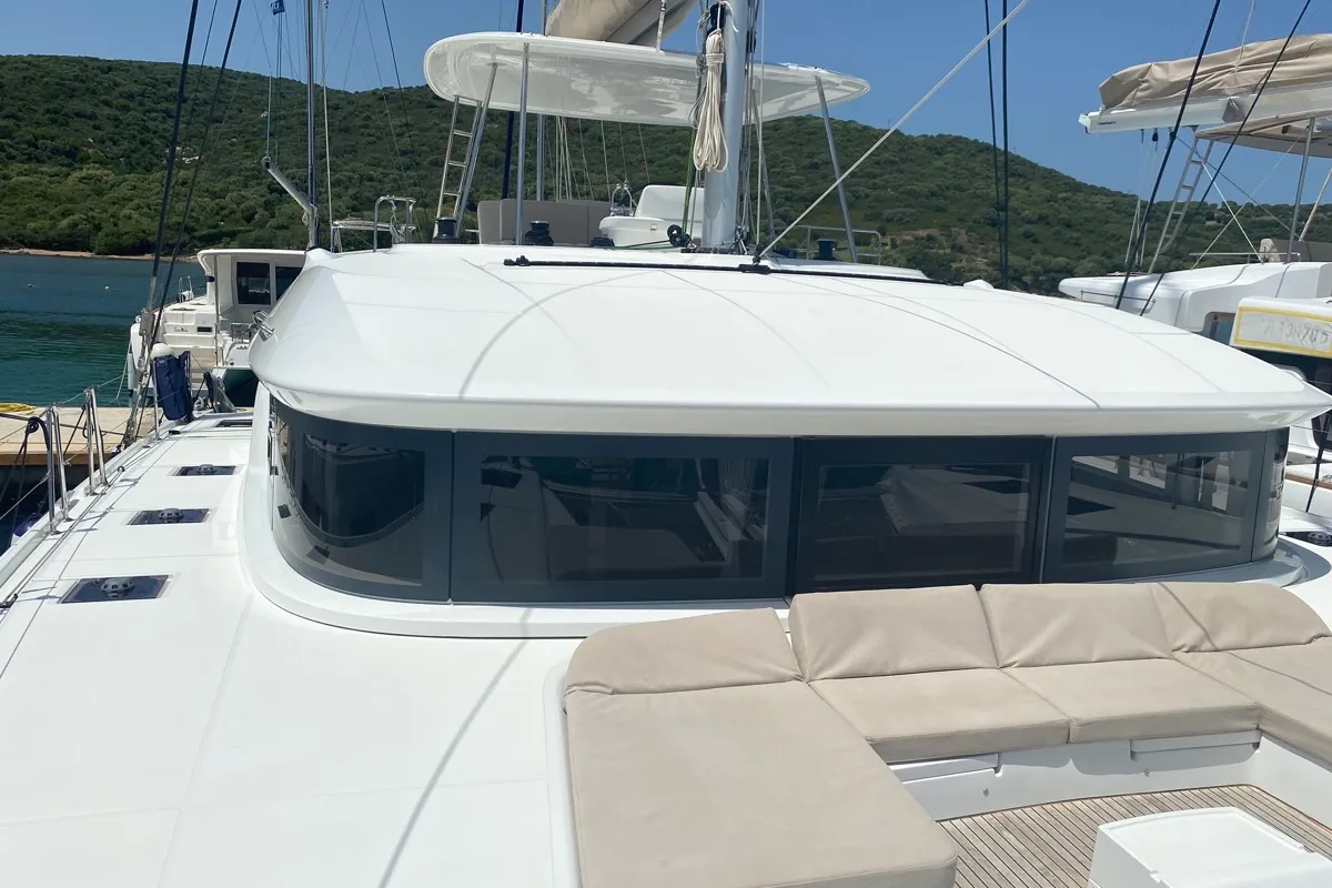 Deck of Croda Rossa, a Lagoon 50 catamaran at Olbia, Italy