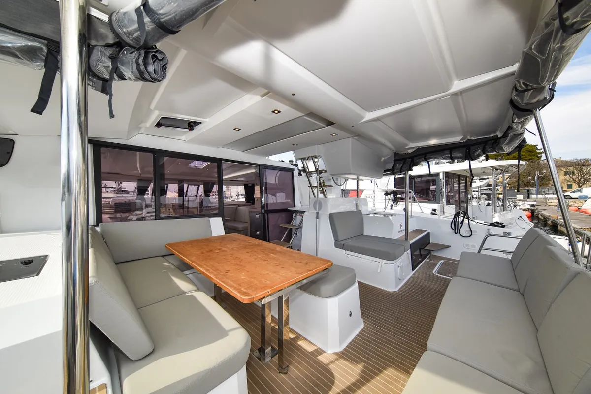Deck of Le Bart, a Fountaine Pajot Astrea 42 catamaran at Zadar, Croatia