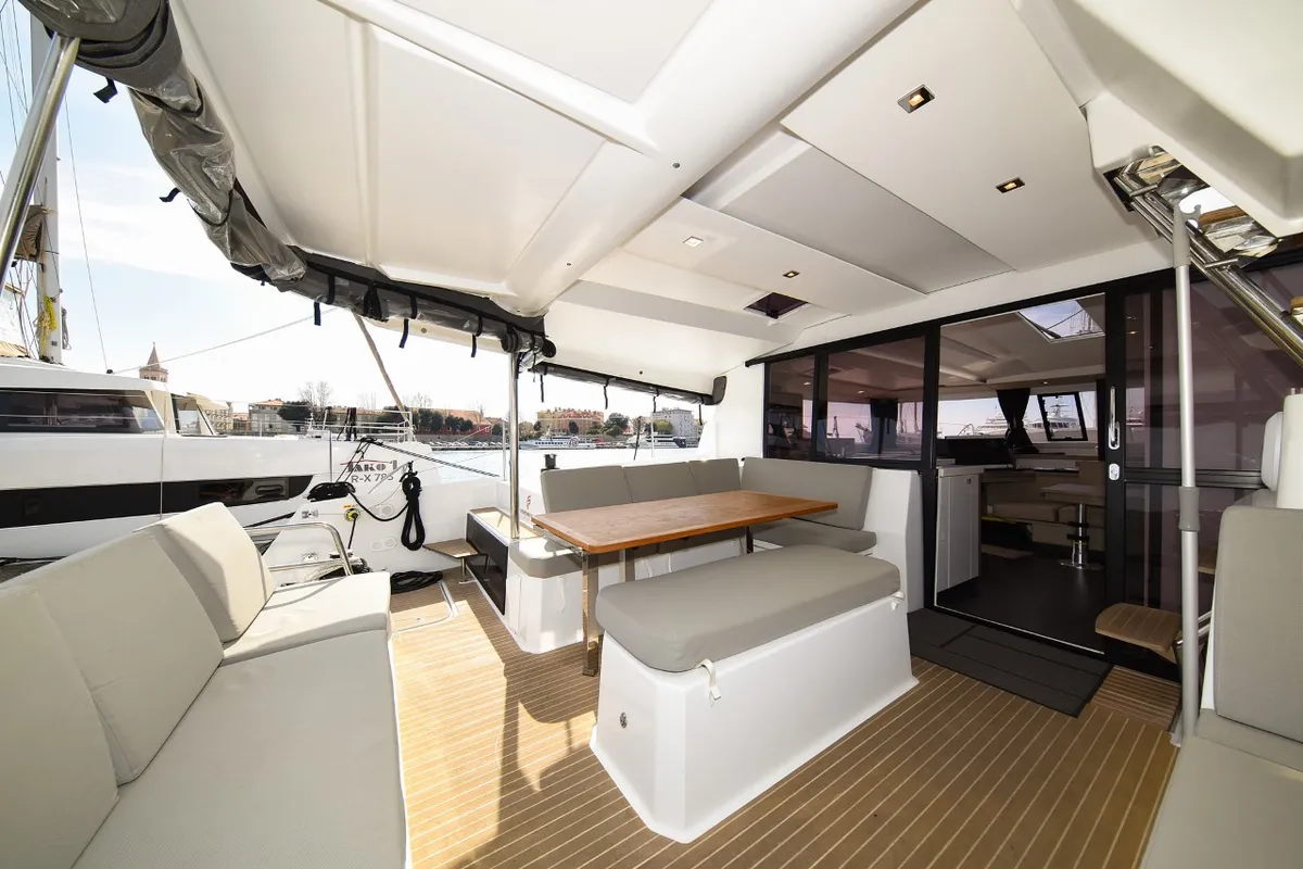 Deck of Le Bart, a Fountaine Pajot Astrea 42 catamaran at Zadar, Croatia