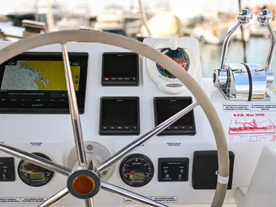 Cockpit of Le Bart, a Fountaine Pajot Astrea 42 catamaran at Zadar, Croatia