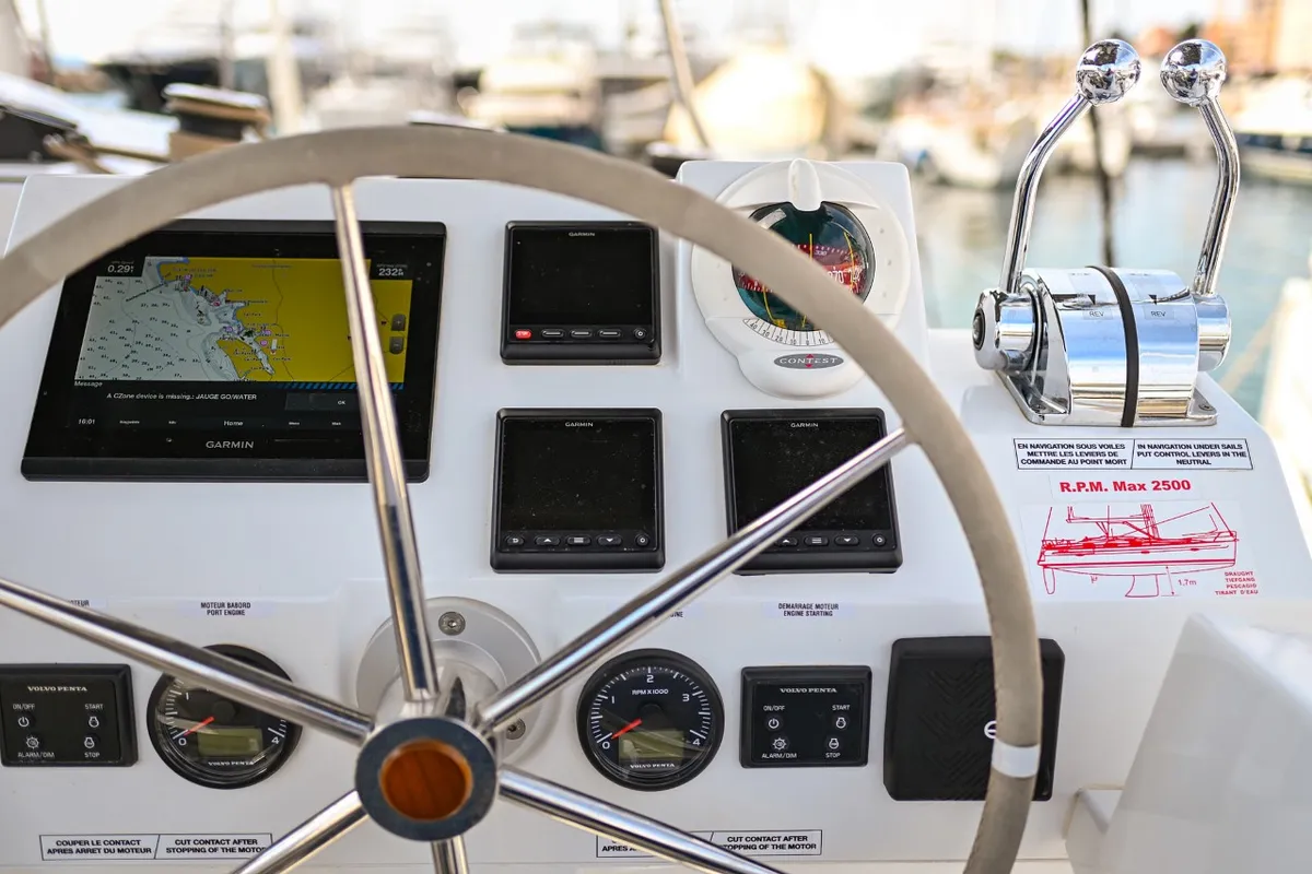Cockpit of Le Bart, a Fountaine Pajot Astrea 42 catamaran at Zadar, Croatia