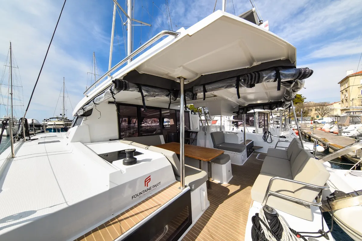 Deck of Le Bart, a Fountaine Pajot Astrea 42 catamaran at Zadar, Croatia