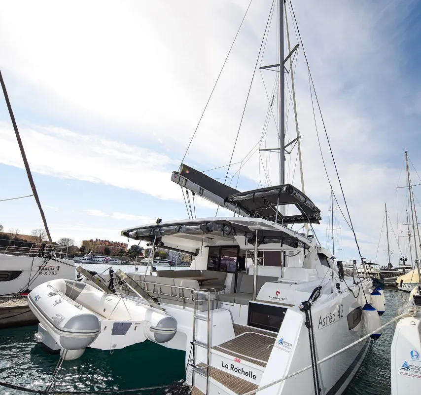 Exterior view of Le Bart, a Fountaine Pajot Astrea 42 catamaran at Zadar, Croatia