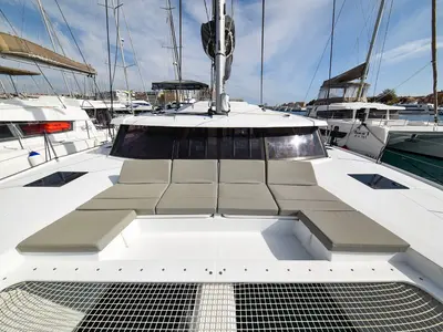 Deck of Le Bart, a Fountaine Pajot Astrea 42 catamaran at Zadar, Croatia