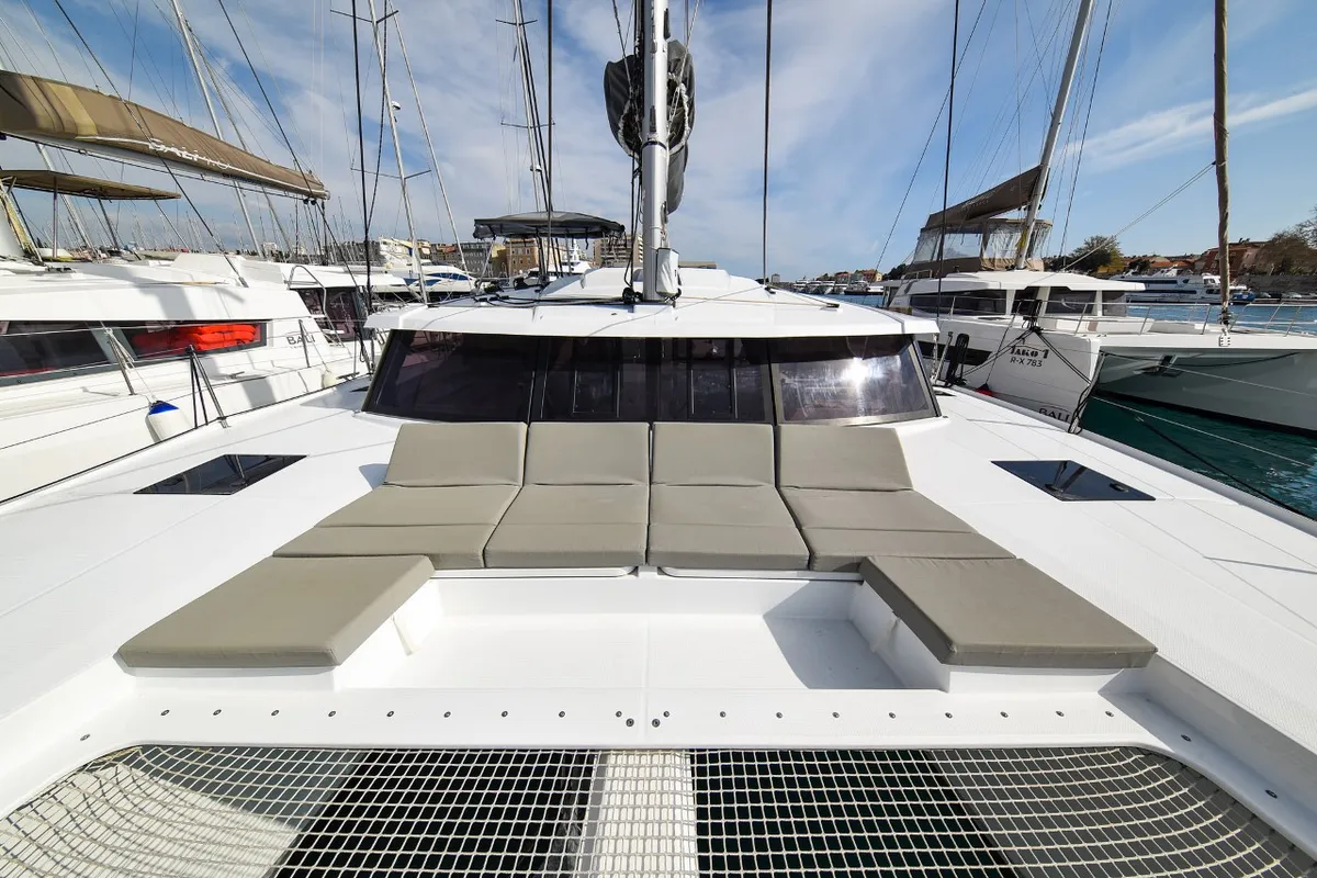 Deck of Le Bart, a Fountaine Pajot Astrea 42 catamaran at Zadar, Croatia