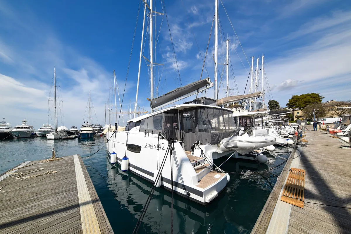 Exterior view of Le Bart, a Fountaine Pajot Astrea 42 catamaran at Zadar, Croatia