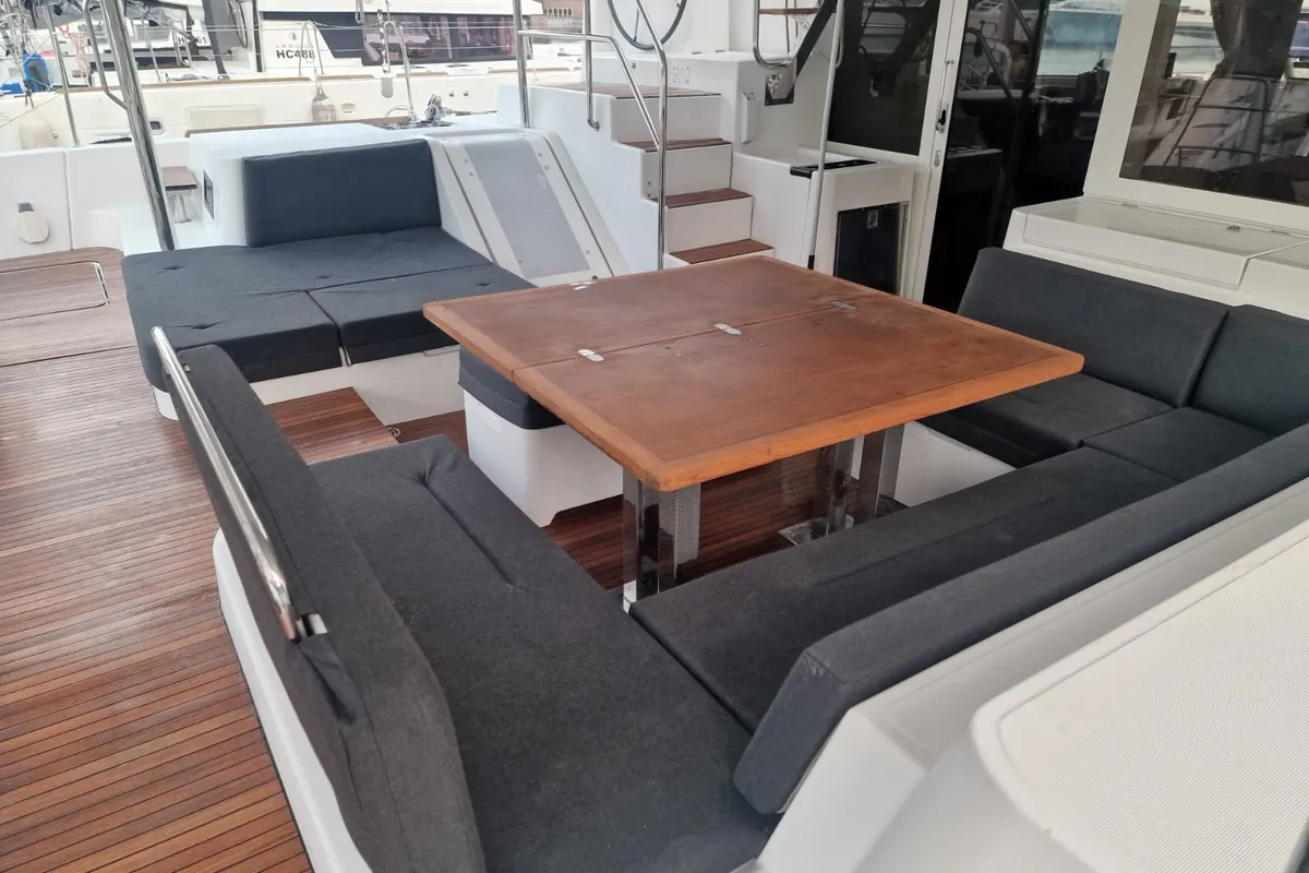 Deck of Takamaka, a Lagoon 52 catamaran at Alameda, United States