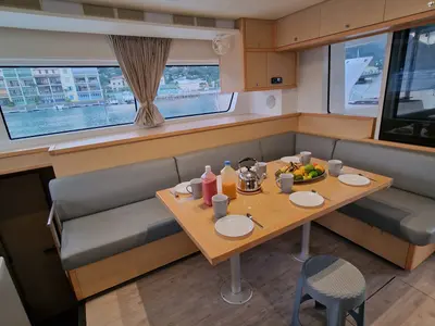Salon of Takamaka, a Lagoon 52 catamaran at Alameda, United States