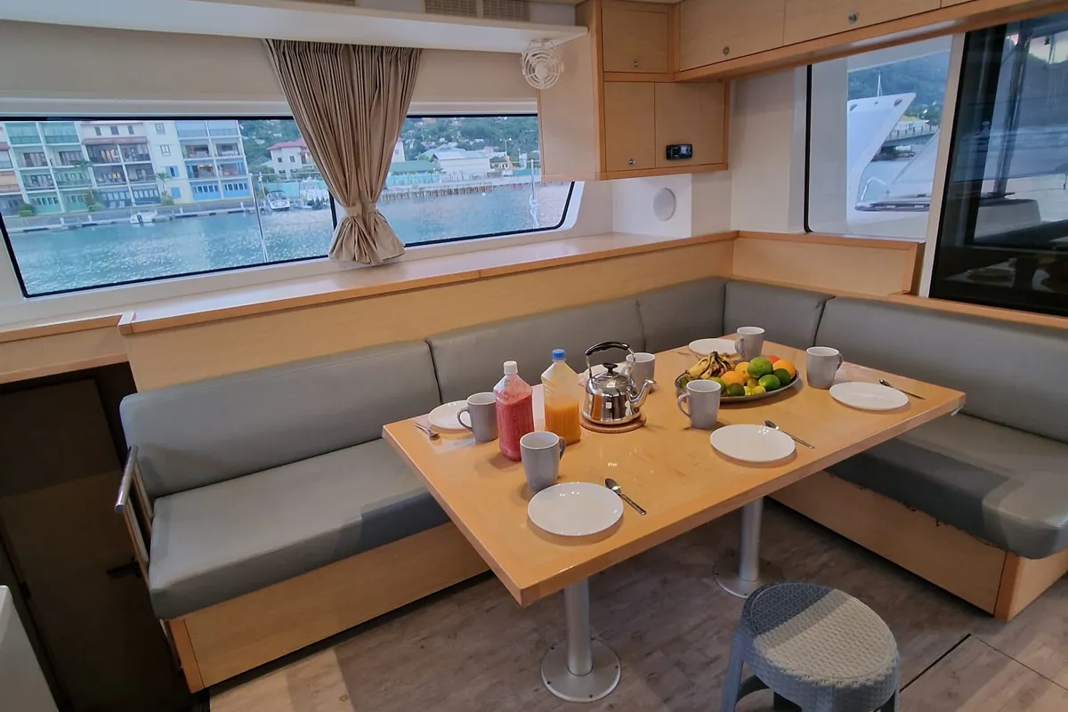 Salon of Takamaka, a Lagoon 52 catamaran at Alameda, United States