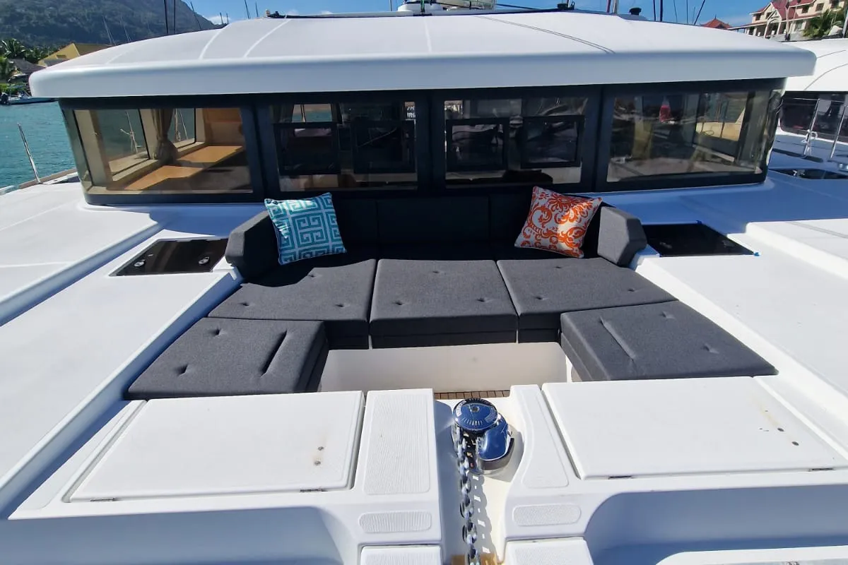 Deck of Takamaka, a Lagoon 52 catamaran at Alameda, United States