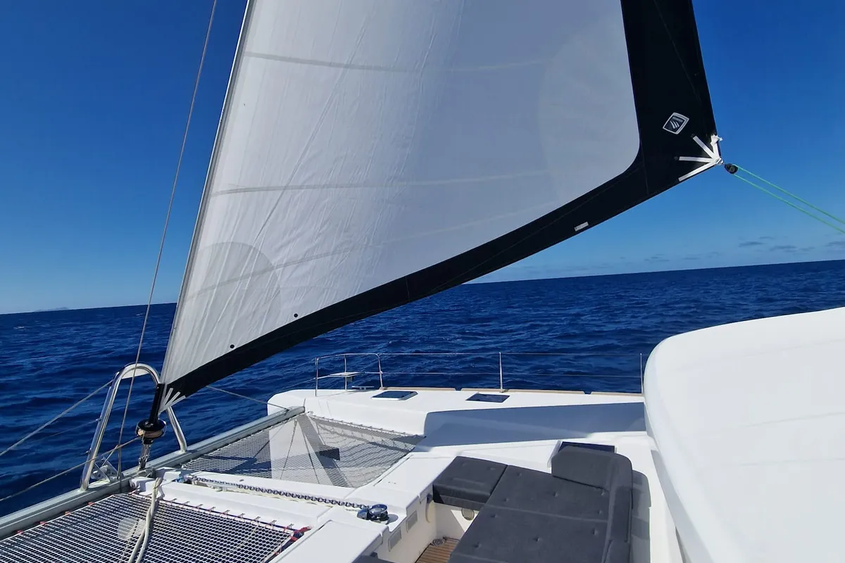 Deck of Takamaka, a Lagoon 52 catamaran at Alameda, United States