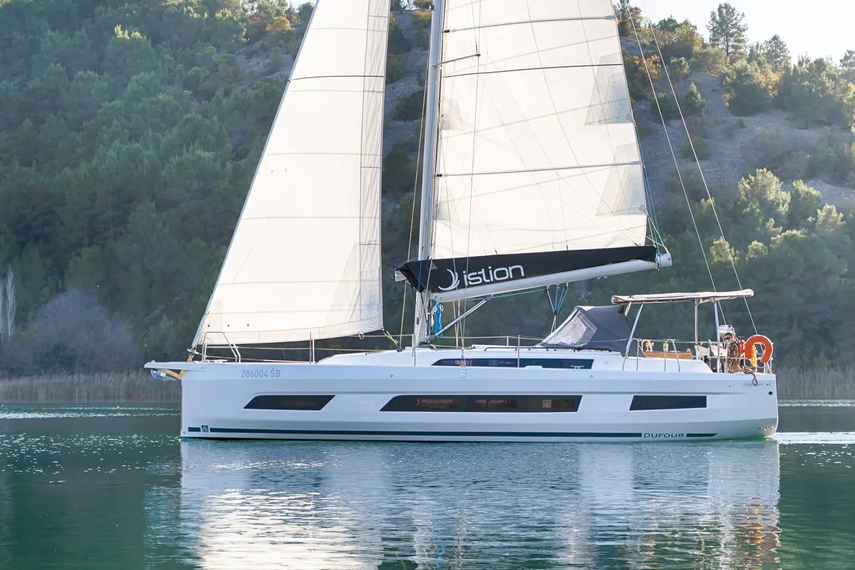 Exterior view of First Song, a Dufour 41 sailboat at Skradin, Croatia
