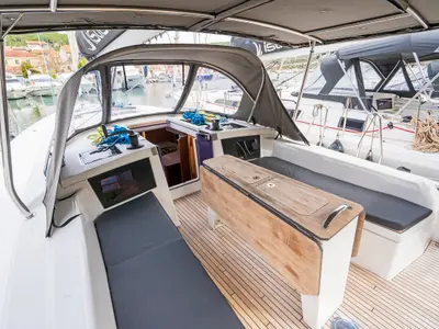 Deck of First Song, a Dufour 41 sailboat at Skradin, Croatia