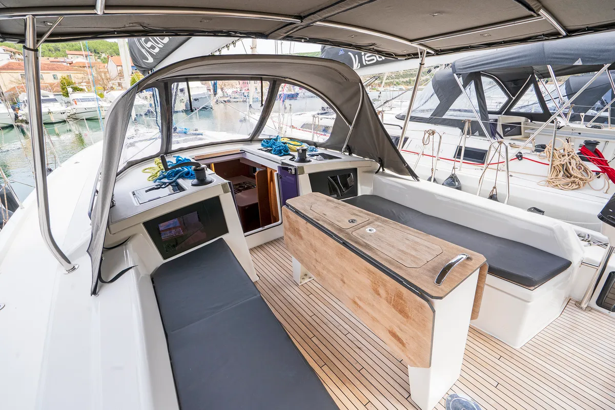 Deck of First Song, a Dufour 41 sailboat at Skradin, Croatia