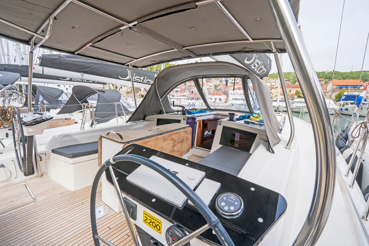 Cockpit of First Song, a Dufour 41 sailboat at Skradin, Croatia