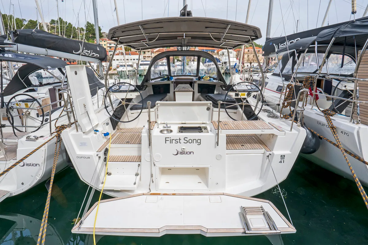 Deck of First Song, a Dufour 41 sailboat at Skradin, Croatia