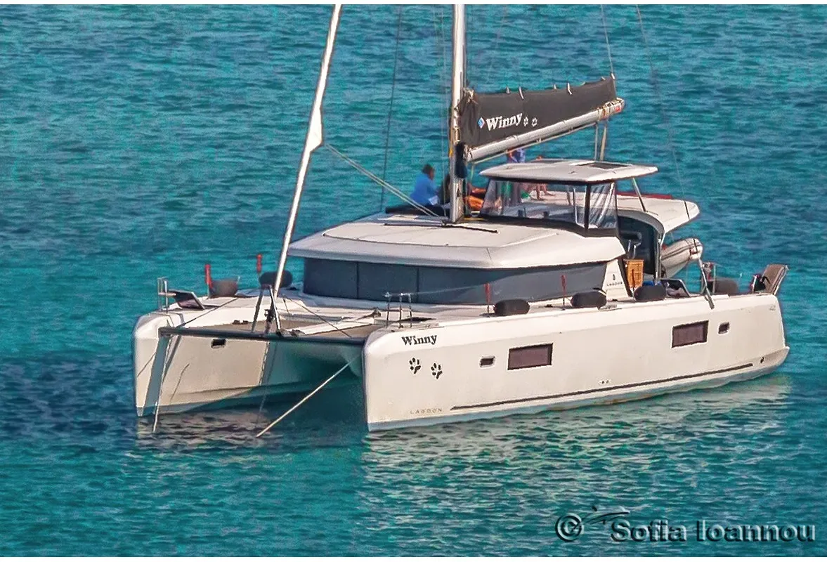Exterior view of Winny (skippered only), a Lagoon 42 catamaran at Finikas, Greece