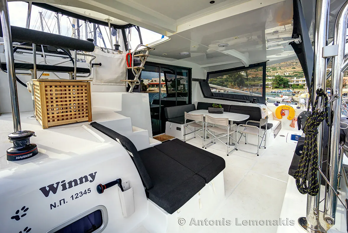 Deck of Winny (skippered only), a Lagoon 42 catamaran at Finikas, Greece