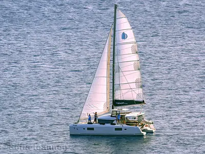 Exterior view of Winny (skippered only), a Lagoon 42 catamaran at Finikas, Greece