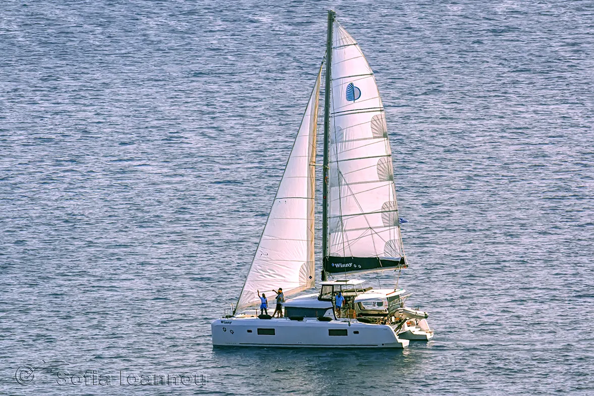 Exterior view of Winny (skippered only), a Lagoon 42 catamaran at Finikas, Greece