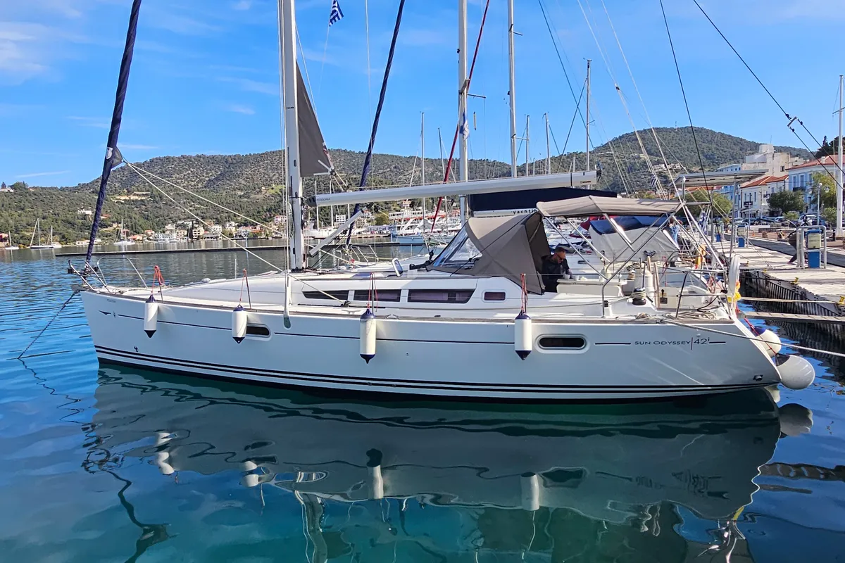 Exterior view of Comfort, a Jeanneau Sun Odyssey 42 i sailboat at Athens, Marina Delta Kallithea, Greece