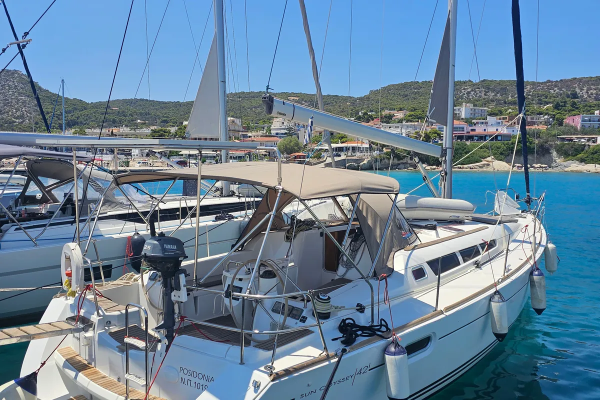 Cockpit of Comfort, a Jeanneau Sun Odyssey 42 i sailboat at Athens, Marina Delta Kallithea, Greece