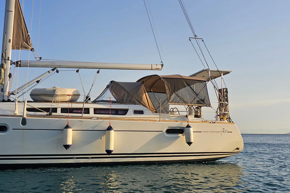Exterior view of Comfort, a Jeanneau Sun Odyssey 42 i sailboat at Athens, Marina Delta Kallithea, Greece