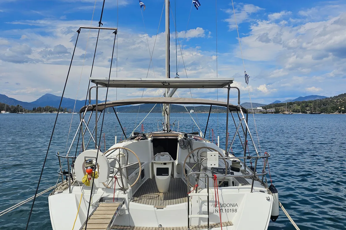 Cockpit of Comfort, a Jeanneau Sun Odyssey 42 i sailboat at Athens, Marina Delta Kallithea, Greece