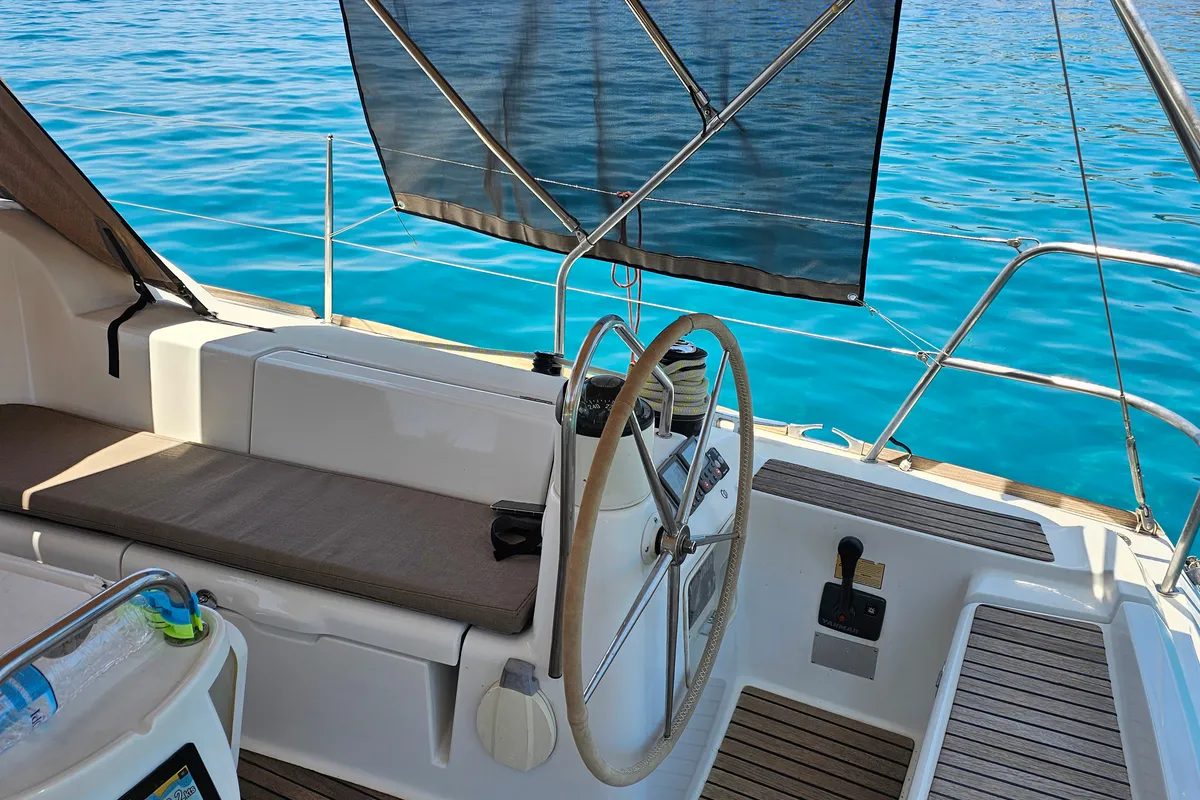 Cockpit of Comfort, a Jeanneau Sun Odyssey 42 i sailboat at Athens, Marina Delta Kallithea, Greece
