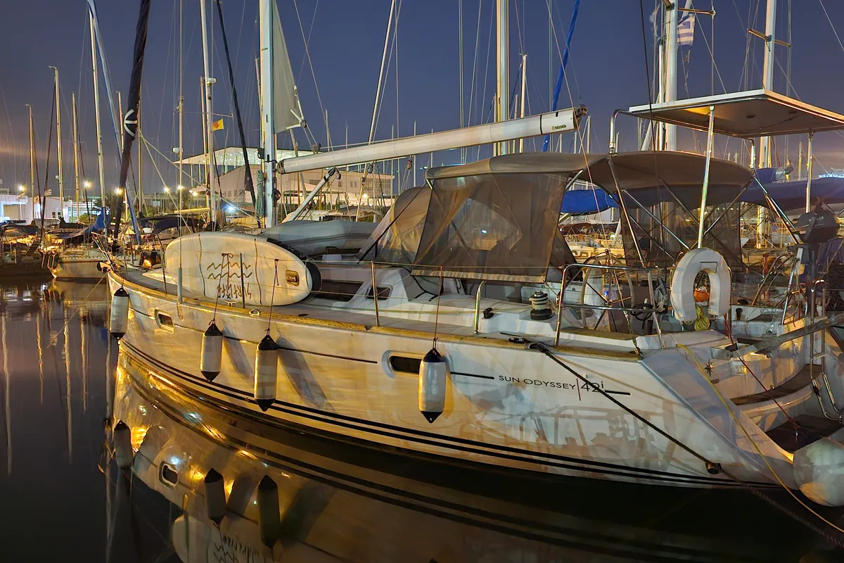 Cockpit of Comfort, a Jeanneau Sun Odyssey 42 i sailboat at Athens, Marina Delta Kallithea, Greece