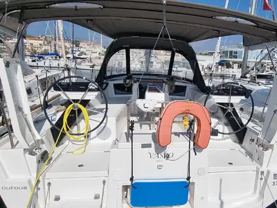Cockpit of Vasco, a Dufour 37 sailboat at Vallauris, France