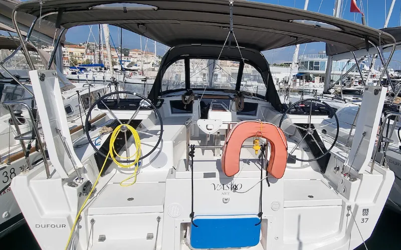 Cockpit of Vasco, a Dufour 37 sailboat at Vallauris, France