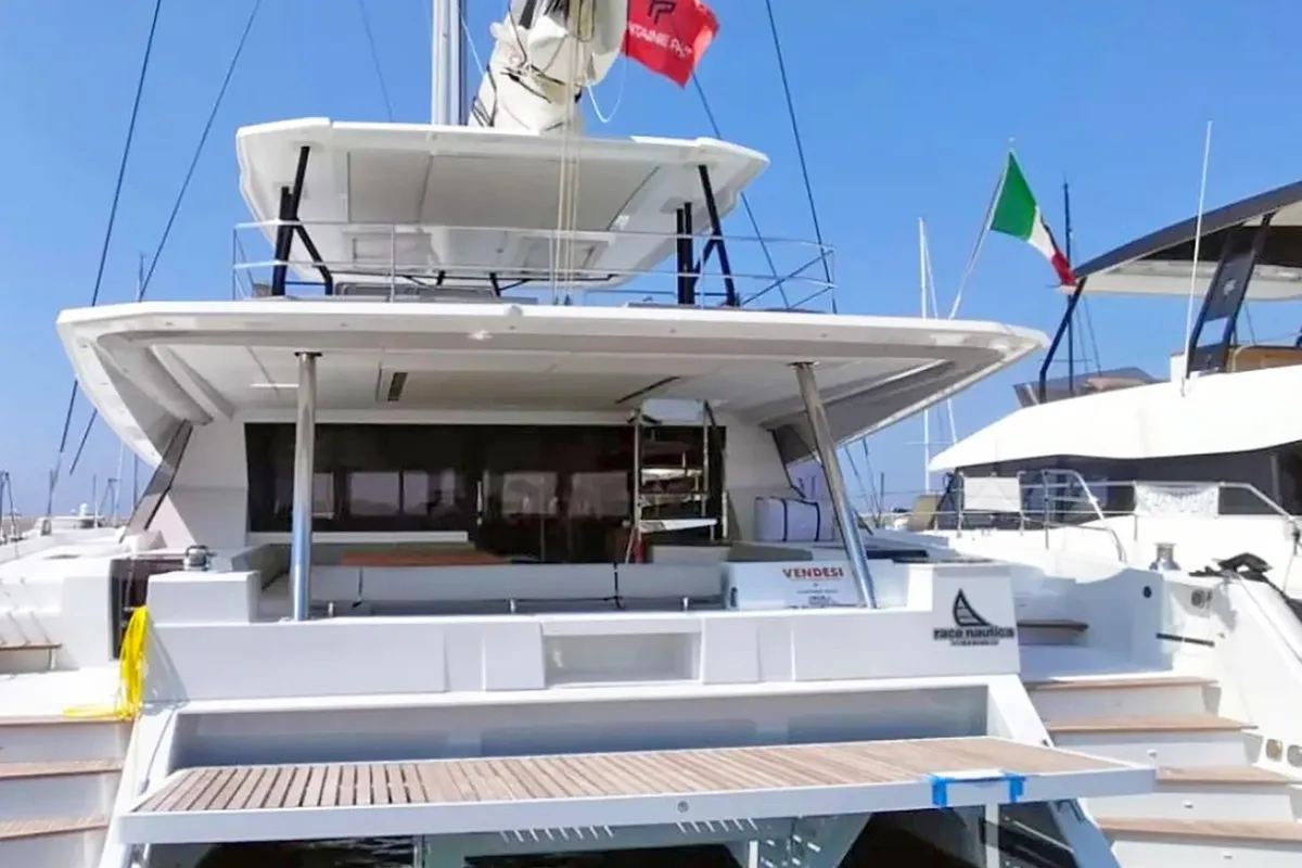 Exterior view of Liberta', a Fountaine Pajot Samana 59 catamaran at Castellammare di Stabia, Italy