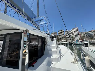 Cockpit of Maly, a Bali 4.2 catamaran at Seget Donji, Croatia