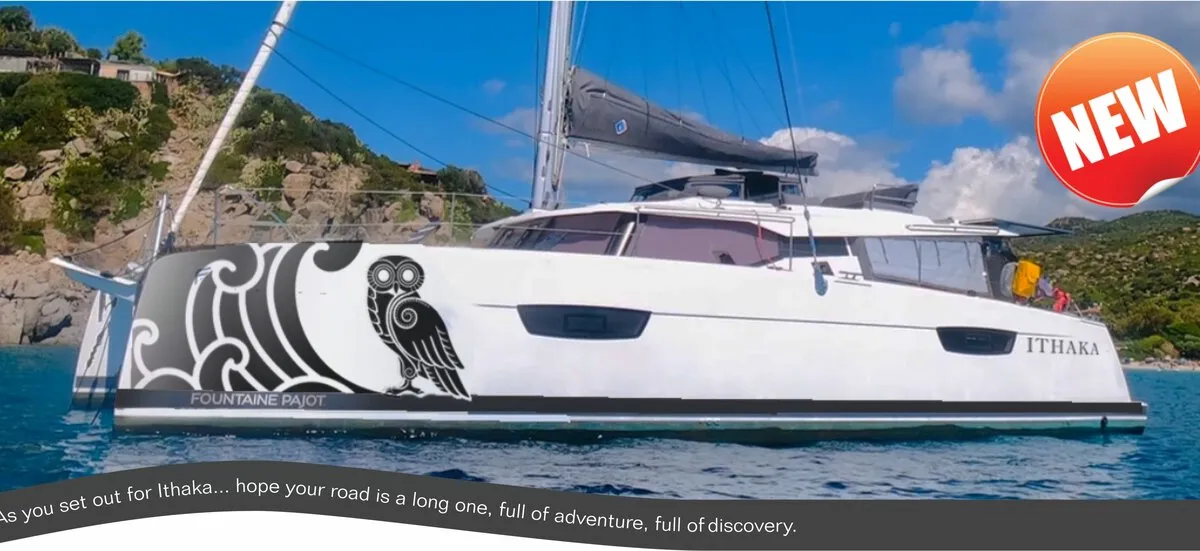 Exterior view of Ithaka, a Fountaine Pajot Tanna 47 Maestro catamaran at Road Town, British Virgin Islands