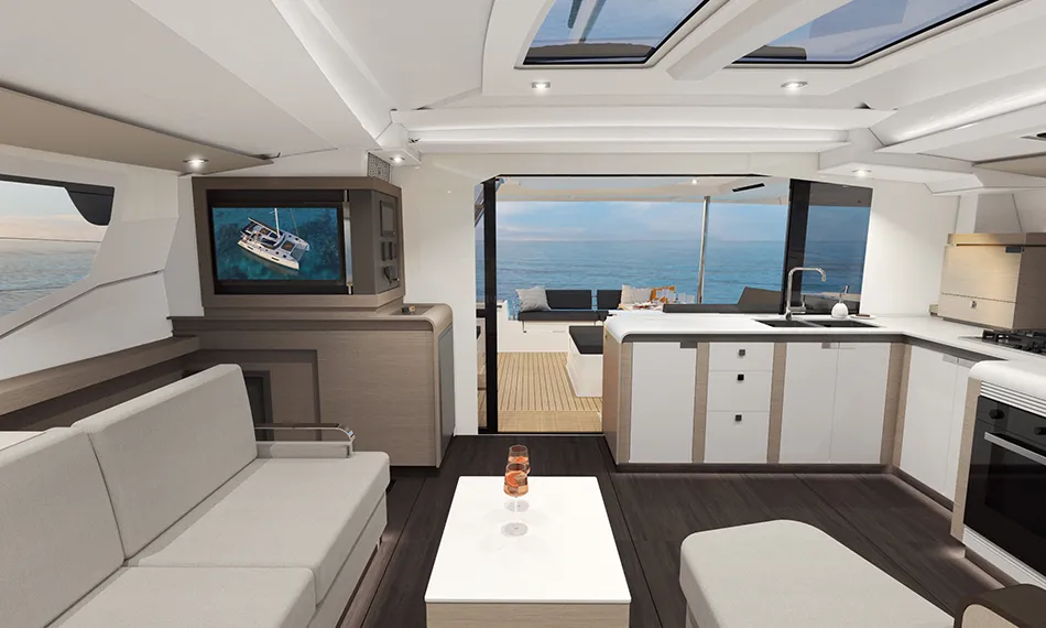 Salon of Ithaka, a Fountaine Pajot Tanna 47 Maestro catamaran at Road Town, British Virgin Islands