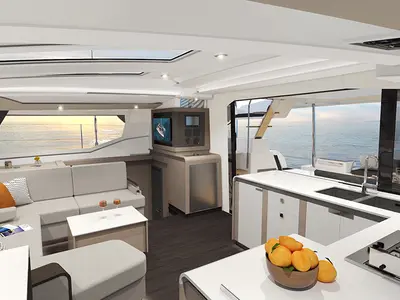 Salon of Ithaka, a Fountaine Pajot Tanna 47 Maestro catamaran at Road Town, British Virgin Islands