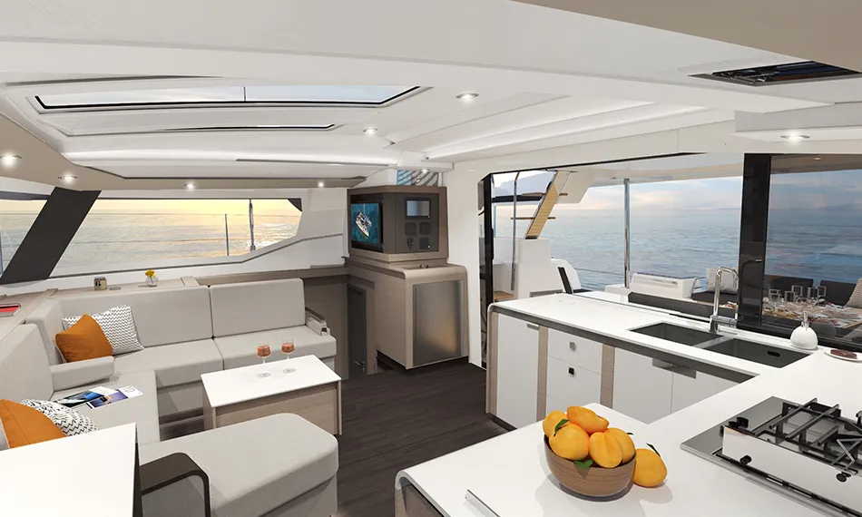 Salon of Ithaka, a Fountaine Pajot Tanna 47 Maestro catamaran at Road Town, British Virgin Islands