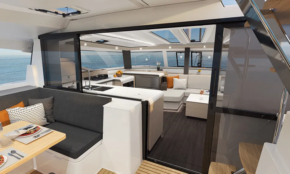 Salon of Ithaka, a Fountaine Pajot Tanna 47 Maestro catamaran at Road Town, British Virgin Islands
