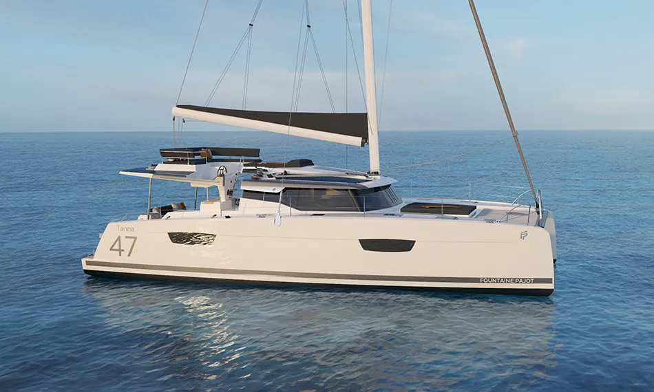 Exterior view of Ithaka, a Fountaine Pajot Tanna 47 Maestro catamaran at Road Town, British Virgin Islands