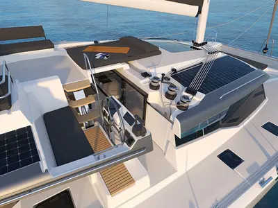 Cockpit of Ithaka, a Fountaine Pajot Tanna 47 Maestro catamaran at Road Town, British Virgin Islands